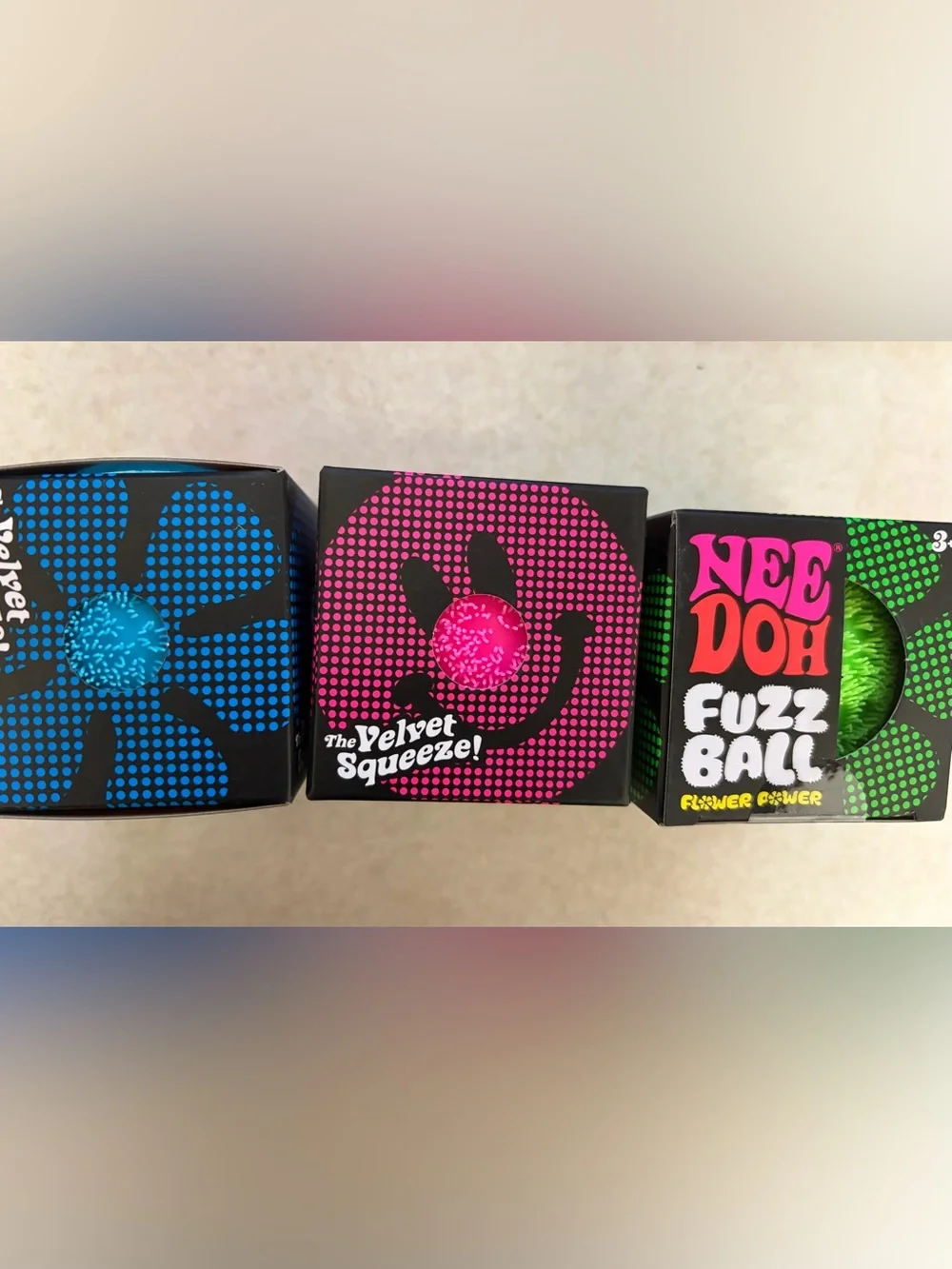 Nee doh flower power Fuzz Ball Velvet Squeeze - Pink green blue bundle of 3